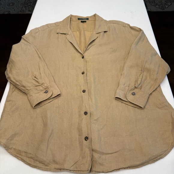 Lauren Ralph Lauren Women’s Button Up Shirt 3/4 Sleeve LINEN Khaki Sz XL - Picture 11 of 12